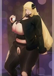 bbw beaded_bikini blonde_hair breasts chilling cynthia_(pokemon) erect_nipples exposed_pussy game_freak huge_breasts long_hair looking_at_viewer massive_breasts mmmmmkun nintendo nipples one_eye_covered panties pokémon pokemon pokemon_champion pokemon_dppt pussy pussy_out