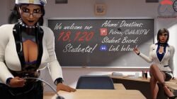 3d ana_amari black_nail_polish business_suit cablensfw classroom cleavage corset dark-skinned_female dark_skin formal_wear glasses latex looking_at_viewer mother_and_daughter overwatch pencil_skirt pharah riding_crop teacher teacher_outfit teachers university whip