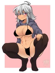 ? abs bra breasts chocotoffy clothing hoodie pink_eyes silver_hair squatting tagme tagme_(character) thighhighs thighs