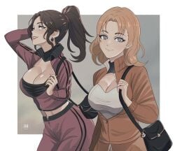 2girls alternate_costume alternate_hairstyle annette_fantine_dominic bag black_hair black_shirt blue_eyes breasts cleavage commentary_request cowboy_shot dorothea_arnault female female_only fire_emblem fire_emblem:_three_houses handbag highres ihsnet jacket large_breasts long_hair long_sleeves looking_at_viewer midriff multiple_girls navel nintendo orange_hair orange_jacket pants ponytail post-timeskip purple_jacket purple_pants shirt smile standing white_shirt