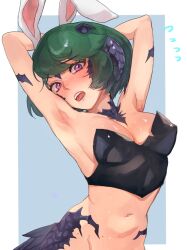 1girls armpits arms artist_request au_ra belly_button big_breasts black_horn bob_cut breasts collarbone dragon_girl elbow embarrassed female final_fantasy final_fantasy_xiv green_hair hips horn horns lizard_girl navel no_panties pink_eyes rabbit_ears scales shaved_armpit shiny_skin short_hair shoulders sideboob waist xaela