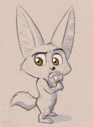 3_toes 4_fingers anthro big_ears big_eyes brown_eyes canid canine corgi_(artist) disney eyebrows feet fennec fingers finnick fluffy fluffy_ears fluffy_tail fox genitals male male_only mammal nude paws pawsicles penis raised_eyebrow small_body small_penis soft_penis solo tail toes zootopia