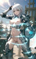 ai_generated barely_clothed big_breasts breasts female girl glow glowing green_eyes magic magical_girl naked solo visible_breasts visible_nipples visible_pussy warrior white_hair