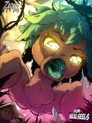 3:4 angry anthro belly bodily_fluids deku_(tloz) deku_scrub drooling elemental_creature elemental_humanoid female first_person_view flora_fauna genitals green_insides green_tongue hi_res humanoid looking_at_viewer looking_down looking_down_at_viewer low-angle_view mouth_shot navel nintendo nude open_mouth plant plant_humanoid pussy saliva saliva_on_tongue saliva_string solo stomach_bulge the_legend_of_zelda throat tongue worm's-eye_view zapor zapor666