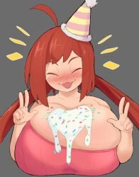 birthday birthday_hat cake happy iris_(vammzu) large_breasts red_hair smile vammzu wholesome