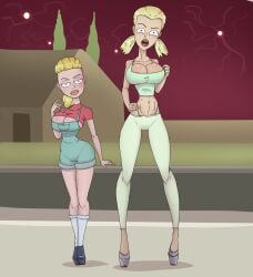 2d 2girls adult_swim background belly beth_smith big_breasts bimbo bimbo_lips bimbo_milf bimbofication blonde_hair cleavage curvy diane_sanchez diklonius female female_only high_heels hourglass_figure huge_breasts looking_at_viewer milf mother_and_daughter multiple_girls overalls rick_and_morty round_breasts shaved_side simple_background slutty_outfit suspenders whale_tail