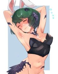 1girls aomushi_komushi armpits arms au_ra belly_button big_breasts black_horn bob_cut breasts closed_eyes closed_mouth collarbone cum cum_in_armpit cum_on_armpit cum_on_body cum_on_breasts cum_on_face cumshot dragon_girl elbow embarrassed female final_fantasy final_fantasy_xiv green_hair hips horn horns lizard_girl navel no_panties pink_eyes rabbit_ears scales shaved_armpit shiny_skin short_hair shoulders sideboob waist xaela