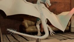 absurd_res bethesda_softworks cabin dragon erection fallout feet feral feral_only furniture genitals hi_res ice legnax male male_only pawpads paws penis pose raised_leg relaxed_expression relaxing scales scalie sofa solo spread_toes spread_wings toes white_body wings