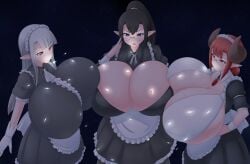 3girls breasts breasts_bigger_than_head breasts_bigger_than_planet elf elf_ears elf_female female galaxy giantess gigantic_breasts glasses horns huge_breasts macro maid maid_uniform massive_breasts ochiko_terada space