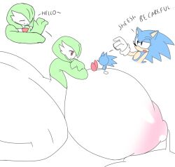 1boy 1girls areolae ass breasts completely_nude completely_nude_female concerned crossover cute english_text enormous_ass enormous_breasts female full_body gardevoir giantess lactation naked naked_female nipples nude nude_female pokemon pokemon_(species) side_view sideboob sitting sitting_on_breasts sonic_(series) sonic_the_hedgehog text tha_randomu