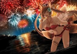 aya_nh bikini blue_eyes bracelet brown_hair caleen_keemosn cleavage commission detailed_background eyebrows_visible_through_hair female female_only fireworks flower_in_hair fox_ear fox_girl fox_tail hair_ribbon in_water kemonomimi kitsunemimi large_breasts looking_at_viewer multiple_tails night night_sky ocean open_mouth red_bikini ribbons runes safe_for_work signature star_ocean star_ocean_anamnesis summer thighlet transparent_clothing twintails very_long_hair water wholesome wide_hips