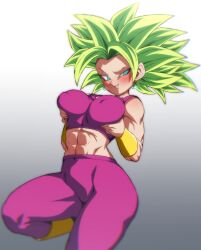 1girls abs breasts clothed_female clothing crop_top dragon_ball dragon_ball_super earrings female female_only fusion huge_breasts kefla legendary_super_saiyan muscular_female pink_clothes pink_clothing potara_earrings rom saiyan self_fondle short_shirt shounen_jump solo solo_female super_saiyan super_saiyan_2 tight_clothing yoga_pants