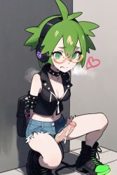 1futa ai_generated aroused belly_button black_jacket black_shoes boner choker cleavage clothing cock collar collarbone cum cum_on_penis denim_shorts dick erect_nipples erect_penis exposed_penis futa_focus futa_only futanari glasses goth goth_girl gray_background green_eyes green_hair headphones heart heavy_breathing hiding kneeling looking_at_genitalia looking_at_penis looking_down medium_breasts mostly_clothed navel nervous penis penis_out penis_through_leghole public_exposure punk semen shoes short_hair short_shorts shorts sleeveless_jacket solo_focus solo_futa spiked_bracelet steamy_breath studded_choker studded_collar unwanted_erection worried worried_expression