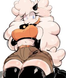 1girls 2d anthro belt big_breasts big_hair blue_eyes breasts covered_nipples eyelashes female female_only fluffy from_below fully_clothed furry furry_female furry_only horns idw_comics idw_publishing lanolin_the_sheep midriff mobian mobian_(species) mobian_sheep sega sheep sheep_girl sheep_horns shorts skindentation solo sonic_(series) sonic_the_hedgehog_(comics) sonic_the_hedgehog_(idw) sonic_the_hedgehog_(series) thick_thighs thighhighs thighs usa37107692 white_fur white_hair wide_hips wool wool_(fur)