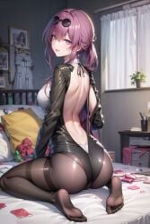 ai_generated bed bedroom blush breasts earrings eyewear_on_head feet female gloves high-waist_shorts highres honkai:_star_rail honkai_(series) jacket jewelry kafka_(honkai:_star_rail) large_breasts long_jacket long_sleeves looking_at_viewer non-web_source novelai pantograph pantyhose purple_eyes purple_gloves purple_hair round_eyewear shirt shorts single-shoulder_shirt solo stable_diffusion sunglasses