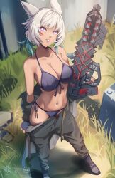 1girls big_breasts bikini breasts bungie cat_ears cleavage crossover destiny_(game) destiny_2 final_fantasy final_fantasy_xiv gun hiroki_ree holding_gun navel outbreak_perfected purple_eyes short_hair smile smiling smiling_at_viewer solo solo_female square_enix sweat undressing white_hair y'shtola