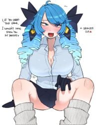 1girls big_breasts blue_eyes blue_hair blush clothed drill_hair gwen_(league_of_legends) hair_ornament league_of_legends ohasi open_mouth shirt smile socks solo text thick_thighs twin_drills white_background