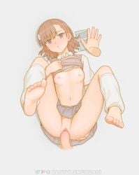 1boy 1girls 2020s 2023 absurd_res areolae artist_name bare_thighs barefoot bartolomeobari blush breasts breasts_out brown_eyes brown_hair clitoris clone erection faceless_male female female_focus first_person_view full_body grey_background hair_flower hair_ornament hi_res leg_warmers looking_at_viewer male male/female male_pov matching_hair/eyes midriff miniskirt misaka_imouto missionary_position navel nipples no_bra no_panties no_underwear on_back open_mouth penis point_of_view pov pussy school_uniform schoolgirl sex shirt shirt_lift short_hair skirt small_breasts spread_legs teenage_girl teenager teeth thighs to_aru_kagaku_no_railgun to_aru_majutsu_no_index toes tokiwadai_school_uniform uncensored vaginal_penetration young
