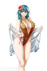 1girls bare_legs blue_eyes breasts byleth_(fire_emblem) byleth_(fire_emblem)_(female) byleth_(summer)_(fire_emblem)_(female) cleavage female female_only fire_emblem fire_emblem:_three_houses fire_emblem_heroes flower hair_flower hibiscus kimmy77 large_breasts legs leopard_print long_hair looking_at_viewer nintendo one-piece_swimsuit red_flower revealing_clothes slingshot_swimsuit smile solo swimsuit teal_hair thick_thighs towel white_background wide_hips yellow_one-piece_swimsuit yellow_swimsuit