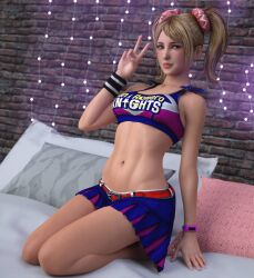 1girls 3d blonde_hair blue_eyes cheerleader female female_only fully_clothed juliet_starling lollipop_chainsaw looking_at_viewer midriff navel peace_sign skirt solo teenager twintails