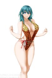 1girls bare_legs blue_eyes breasts byleth_(fire_emblem) byleth_(fire_emblem)_(female) byleth_(summer)_(fire_emblem)_(female) cleavage female female_only fire_emblem fire_emblem:_three_houses fire_emblem_heroes flower hair_flower hibiscus kimmy77 large_breasts legs leopard_print long_hair looking_at_viewer nintendo one-piece_swimsuit red_flower revealing_clothes slingshot_swimsuit solo swimsuit teal_hair thick_thighs white_background wide_hips yellow_one-piece_swimsuit yellow_swimsuit