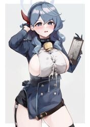 :o after_paizuri ako_(blue_archive) areola_slip arm_up bell black_gloves blue_archive blue_collar blue_eyes blue_hair border breasts clipboard collar cowbell cum cum_in_topwear cum_on_body cum_on_breasts cum_on_object cum_wearing female garter_straps gehenna_academy_student gloves hairband half_gloves halo highres implied_after_paizuri large_breasts medium_hair neck_bell oza_osuwari prefect_team_(blue_archive) solo suggestive_fluid sweatdrop thighs v-shaped_eyebrows wavy_hair white_border