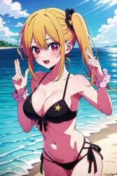 ai_generated almost_naked beach bikini blonde_hair blush hair_ornament hoshino_ruby looking_at_viewer oshi_no_ko pink_eyes red_eyes star_eyes star_pupils star_shaped_pupils