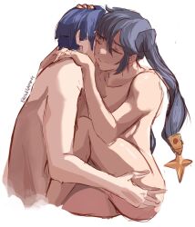 blue_hair couple couple_art couple_love covered_nipples embarrassed erogegaming(twitter) eyes_closed genshin_impact hip_grab hug mona_(genshin_impact) naked nude nude_female nude_male ponytail scaramouche_(genshin_impact) shy