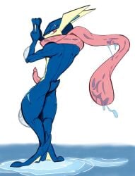 amphibian anthro athletic athletic_anthro athletic_male barefoot blue_body bodily_fluids colored darkluxia digital_media_(artwork) digitigrade dripping erection feet generation_6_pokemon genitals greninja hi_res long_tongue looking_back male male_anthro membrane_(anatomy) mord3ka1 ninja nintendo nude nude_anthro nude_male partially_submerged penis pink_eyes pink_penis pink_tongue pokemon pokemon_(species) ripples saliva saliva_drip saliva_on_tongue short_tail simple_background solo standing standing_in_water tail tongue warrior water webbed_feet webbed_hands white_background