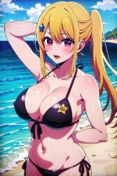 ai_generated bikini blonde_hair blush hair_ornament hoshino_ruby looking_at_viewer oshi_no_ko pink_eyes red_eyes star_eyes star_pupils star_shaped_pupils