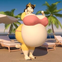 3d anthro anthroanim big_breasts black_hair huge_belly ice_cream inflation kitty_vanilji lion palm_tree pool tagme