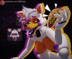 1girls 3d 3d_(artwork) animatronic big_breasts bodily_fluids breasts difinex eyebrows eyelashes eyeshadow fangs female female_only five_nights_at_freddy's five_nights_at_freddy's:_sister_location food freckles glowing_eyes lolbit_(fnaf) nipples orange_body orange_skin purple_nipples saliva saliva_drip saliva_string sharp_teeth solo solo_female solo_focus taco taco_bell tongue white_body white_fur yellow_eyes