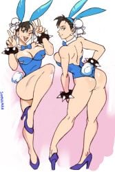 1girls ass ass big_ass big_breasts big_butt bow breasts bunny_ears bunny_tail bunnysuit chun-li cleavage earrings eyebrows eyelashes fat_ass female female_only hairbow high_heels light-skinned_female light_skin looking_at_viewer looking_back peace_sign sideboob solo solo_female solo_focus sooperman spiked_bracelet street_fighter thick_thighs thighs wide_hips