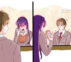 1boy 1girls 2_panel_comic :< artist_name big_breasts blue_skirt blush blush_lines blushing breasts brown_hair clothed clothes clothing comic desert dessert doki_doki_literature_club donut doughnut female food food_play heart-shaped_pupils holding holding_doughnut holding_food instagram_username long_hair mc_(doki_doki_literature_club!) miyazakimisakiy motion_lines purple_eyes purple_hair purple_lips purple_lipstick red_tie red_tongue saliva saliva_string saliva_trail sex_gesture sexually_suggestive skirt tie tongue tongue_out twitter_username wirichiroga wiricmisaki yonic_symbol yuri_(doki_doki_literature_club)