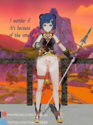 1girls 3d amber_eyes blue_hair breasts chinese_clothes female female_only genshin_impact gloves hair_ornament heart holding_object naughty_face no_panties smell smile spear thighs xiangling_(genshin_impact) yellow_eyes