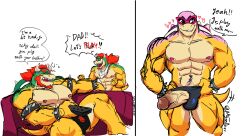 2_panel_comic barazoku bowser bowser_jr. gay genitals hi_res incest male male_only mario_(series) morgandeer muscular nintendo penis roy_koopa teasing vein yaoi