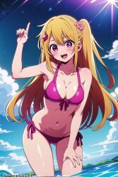 ai_generated bikini blonde_hair blush hair_ornament hoshino_ruby looking_at_viewer oshi_no_ko pink_eyes red_eyes star_eyes star_pupils star_shaped_pupils