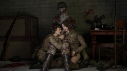 1boy 2girls 2girls1boy 3d american blender blood blowjob blue_eyes bob_cut british british_female brown_eyes brown_hair call_of_duty call_of_duty_ww2 capcom fellatio female fingering fingering_self frankiely_spicy gore grey_body grey_penis grey_skin gun helena_harper indoor indoors licking licking_penis long_hair male military military_boots military_hat military_uniform pale-skinned_female pale_skin resident_evil resident_evil_6 russian russian_girl soldier sucking sucking_penis vivian_harris_(cod) world_war_2 ww2 zombie