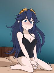 1girls alternate_breast_size black_lingerie blue_eyes blue_hair blush breasts female female_only fire_emblem fire_emblem_awakening large_breasts lingerie looking_at_viewer lucina_(fire_emblem) luckster1234 luxxxi nintendo smile solo tiara