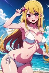 ai_generated bikini blonde_hair blush hair_ornament hoshino_ruby looking_at_viewer oshi_no_ko pink_eyes red_eyes star_eyes star_pupils star_shaped_pupils