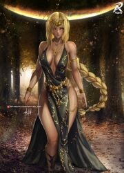 big_ass big_breasts blonde_hair cleavage detailed_background elden_ring female female_only fromsoftware high_slit_dress light-skinned_female light_skin milf queen_marika_the_eternal thick_thighs tonyraart