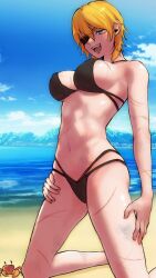 1girls alternate_costume beach bikini black_bikini blonde_hair blue_eyes breasts crab dimitri_alexandre_blaiddyd eyepatch female female_only fire_emblem fire_emblem:_three_houses genderswap_(mtf) kneeling large_breasts nintendo rule_63 short_hair solo wyktsak