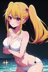 ai_generated bikini blonde_hair blush hair_ornament hoshino_ruby looking_at_viewer oshi_no_ko pink_eyes red_eyes star_eyes star_pupils star_shaped_pupils