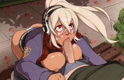 1boy 1boy1girl 1girls areolae ass azur_lane big_ass big_breasts blonde_hair blowjob blush breasts_out brown_skin brown_skinned_female clothed_female clothed_sex cum cum_drip cum_on_breasts cum_on_face cum_on_hair fellatio femdom looking_up male malesub minneapolis_(azur_lane) minneapolis_(wild_huntress_schoolgirl)_(azur_lane) nipples no_bra oral_sex panties partially_clothed penis penis_through_bottomwear penis_through_fly penis_through_underwear pleated_skirt ponytail public_sex red_eyes school_uniform sex shirt_lift skirt skirt_lift skirt_up zet13