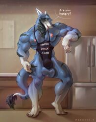 anthro apron apron_only big_penis blue_body erection_under_clothes furry grossy kitchen male_only muscular muscular_male nipples refrigerator sergal tagme tail