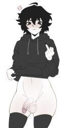 1boy angry_symbol angry_vein annoyed big_balls black_hair black_nail_polish black_nails blush blush_lines blushing_at_viewer bottomless bro_aniki clothed clothing clothing_lift cute_male doomer_boy femboy flipping_off fluffy_hair hair half-erect hoodie hoodie_lift lifting_clothing lifting_hoodie looking_at_viewer male_focus male_only middle_finger nail_polish navel penis saggy_balls semi-erect socks solo solo_male stockings tagme thick_thighs thighhighs twink wojak_comics