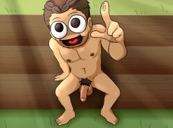 braided_hair brown_hair grass hermitcraft keralis log male male_focus male_only mcyt nude penis pointing pointing_at_viewer solo stickly stubble toony