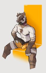 2019 5_fingers abs absurd_res animal_genitalia animal_penis anthro anthro_only artist_name athletic athletic_anthro athletic_male biceps big_penis black_nipples black_penis bottomwear brown_body brown_fur brown_hair bulge chest_tuft clothed clothing digital_media_(artwork) ear_piercing ear_ring equid equine equine_genitalia equine_penis erection eyewear fingers flared_penis fur genitals glasses gloves_(marking) green_eyes hair hand_on_leg hi_res highlights_(coloring) looking_at_viewer male male_only mammal markings medial_ring muscular muscular_anthro muscular_male nipples orange_background orange_bottomwear orange_clothing partially_clothed pecs penis piercing presenting presenting_penis ring_piercing round_glasses signature simple_background sitting smile solo spread_legs spreading striped_body stripes topless tuft underwear underwear_down vein veiny_penis white_background white_body white_fur white_hair white_highlights zebra zereno