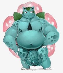 anthro balls big_balls big_penis chest_hair leaf male male_only nintendo nude overweight overweight_male penis plant pokemon pokemon_(species) precum smolrainbowgoat solo solo_male spotted_body venusaur