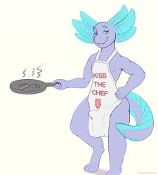 2023 amphibian anthro apron apron_only axolotl biped blue_body blue_eyes bulge burnt_food clothing cookware dabelette english_text front_view frying_pan genital_outline grin hand_on_hip hi_res kitchen_utensils looking_at_viewer male marine mole_salamander mostly_nude narrowed_eyes penis_outline salamander_(amphibian) simple_background smile solo solo_male standing text tools yellow_background